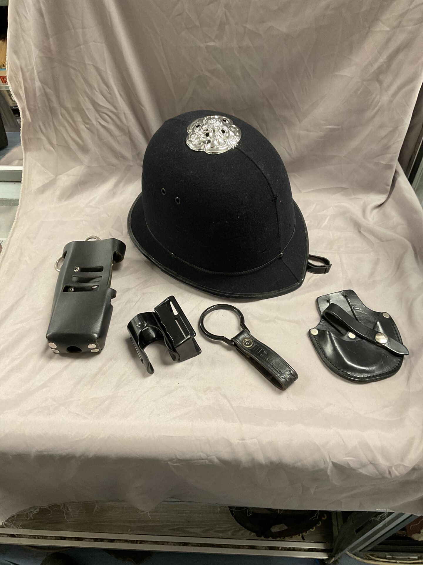 815 Vintage custodian police helmet with belt accessories