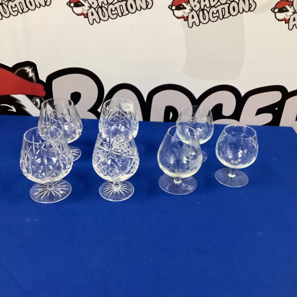 Set of seven vintage crystal brandy glasses with cut glass.