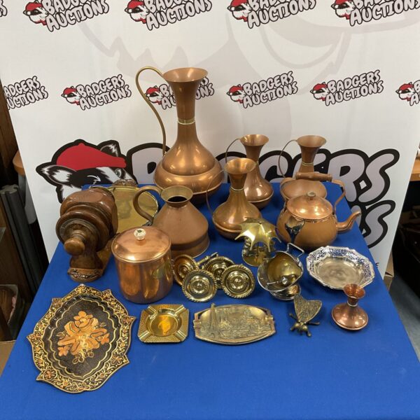 Vintage brass and copper lot with kettle and tray.