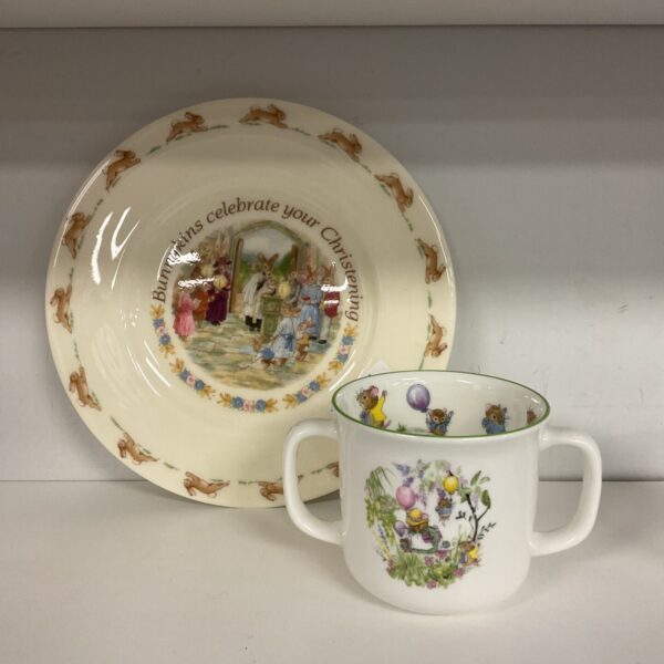 Vintage Royal Doulton Bunnykins plate and Royal Grafton Mouseykins mug set.