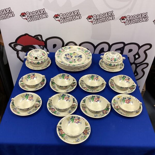 Vintage Booths Lora Dune china set displayed on a table.
