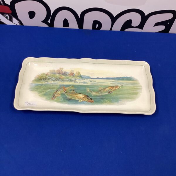 Antique Staffordshire pottery plate with a detailed fish transferware design.