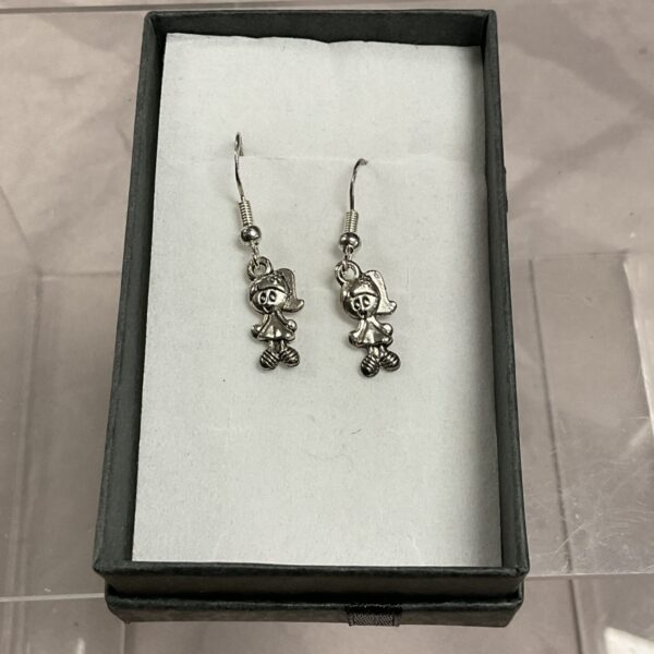 Silver charm dangle earrings with miniature figures.