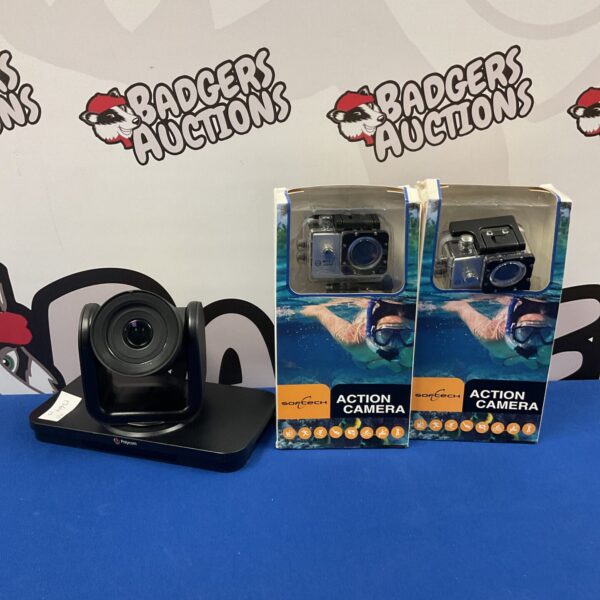 Softech action camera and Polycom device on a dark surface.