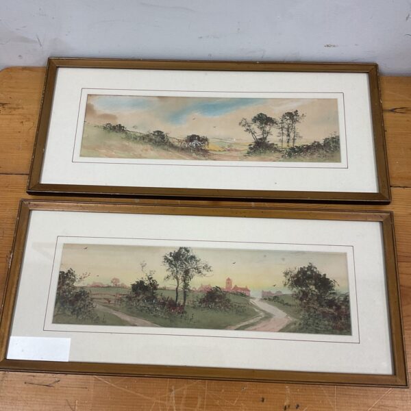 Vintage watercolour painting of a rural landscape with trees.
