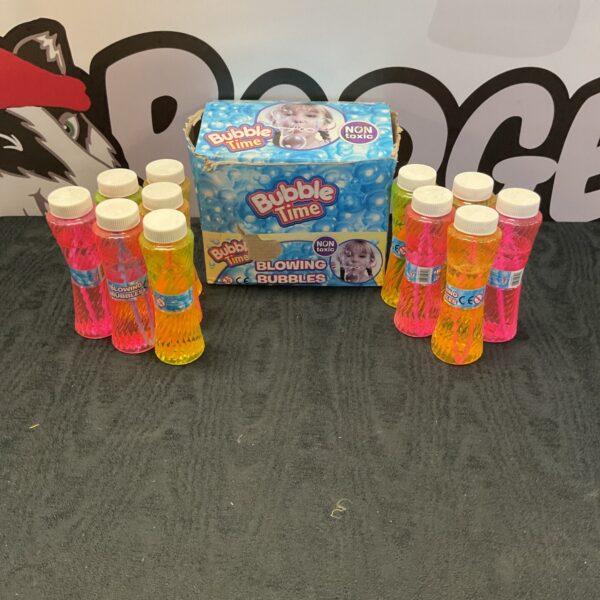 Brightly coloured bottles of Bubble Time bubble blowing solution.