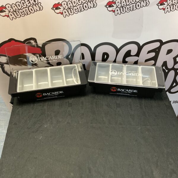 Vintage Bacardi rum trays with iconic bat logo, collectible barware.