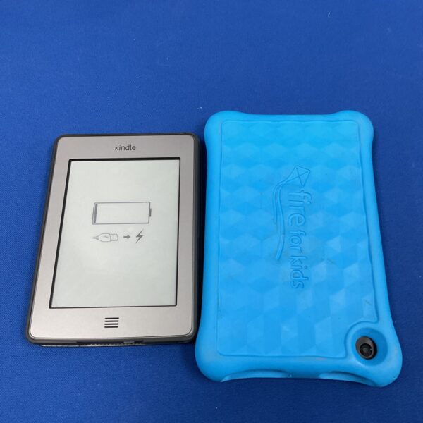 Blue-cased Amazon Kindle Fire tablet for kids.