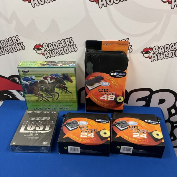 DVD storage cases including a Race Night set and Lost DVD boxset.