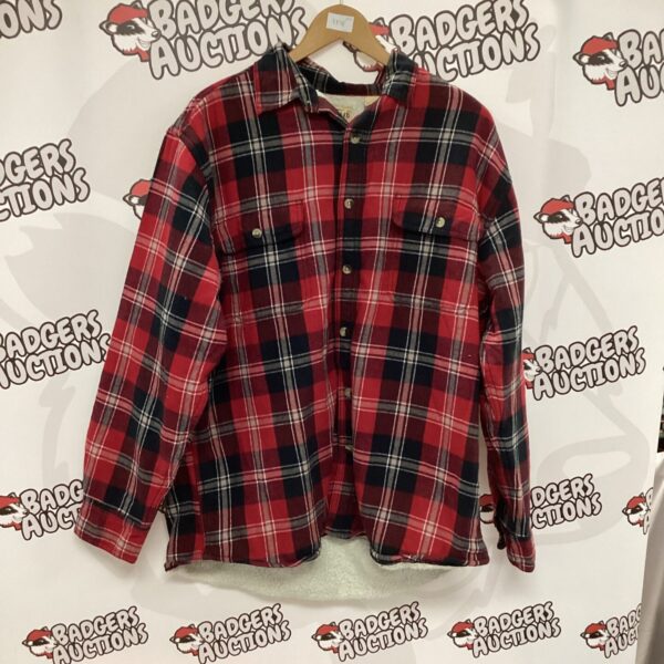 Side view of the Red Head fleece jacket with plaid design.