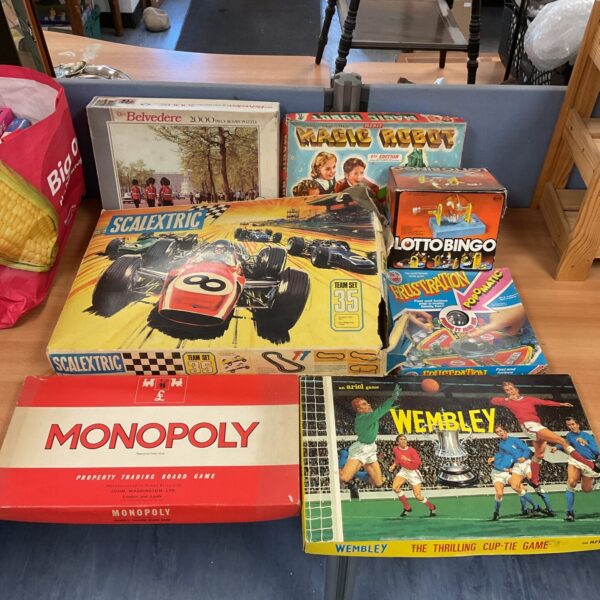 Vintage board games lot including Scalextric and Monopoly.