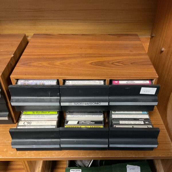 Vintage Worthysonic cassette drawers filled with audio cassettes.