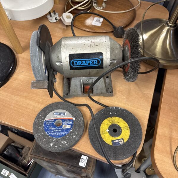 Draper bench grinder with grinding wheel, workshop tool.