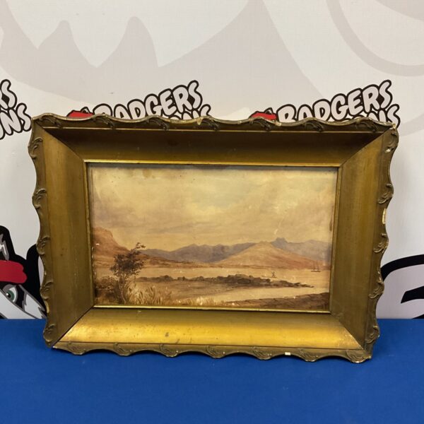 Victorian watercolour painting of a Scottish highland lake scene in gilt frame.