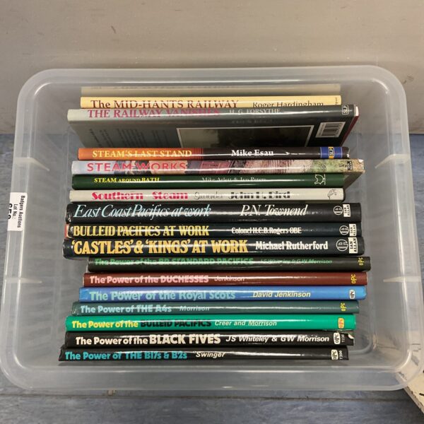 Vintage collection of railway books on steam locomotives and railway history.