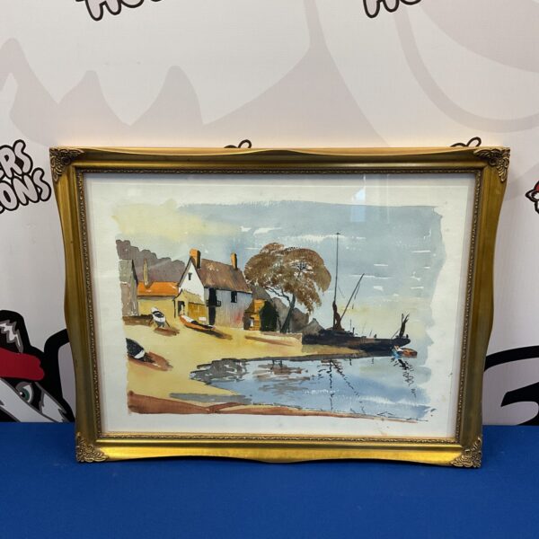 Vintage watercolour painting of fishing boats in a harbour scene.
