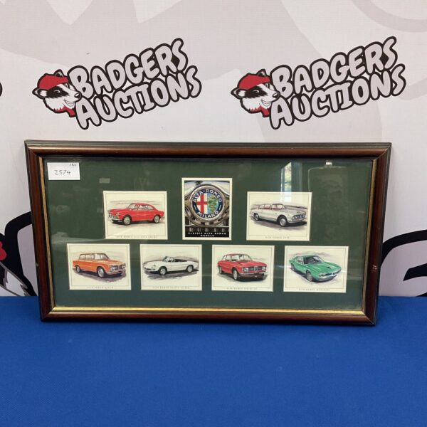 Framed set of vintage Alfa Romeo collectors cards, classic car memorabilia.