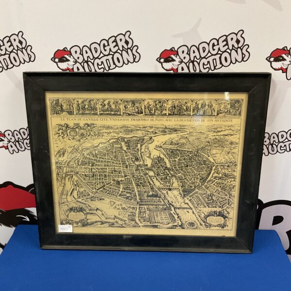 Framed vintage reproduction map of Paris, circa 1630.