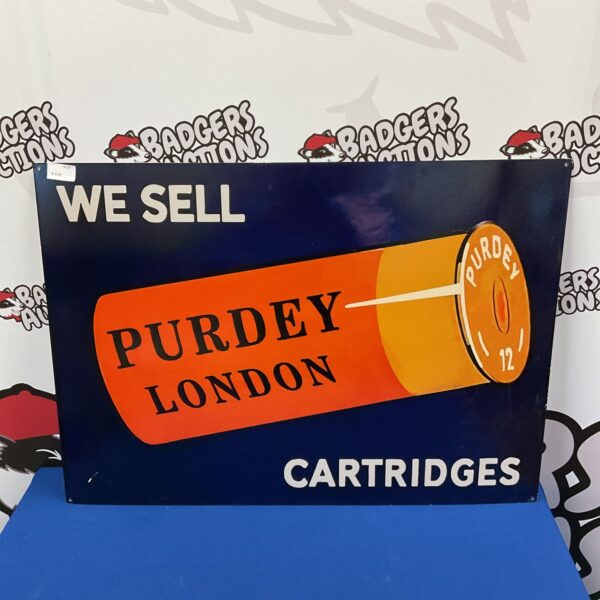 Vintage Purdey London shotgun cartridge tin advertising sign.