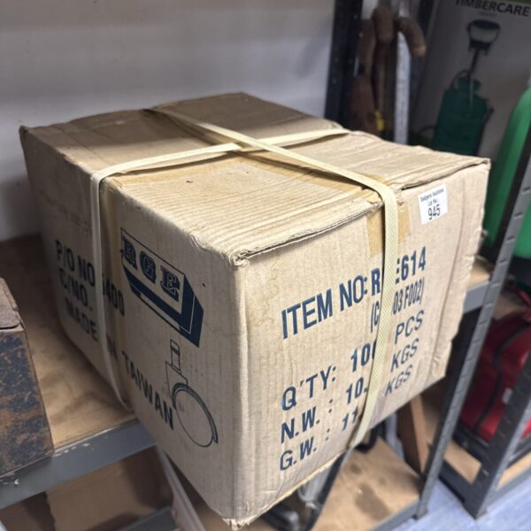 Unopened box of 100 plastic chair castor wheels for furniture.
