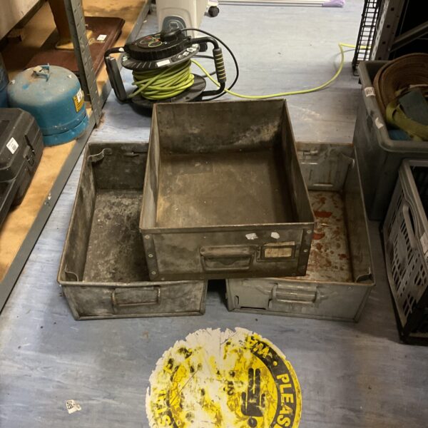 Three galvanised steel storage bins for workshop or garage storage.