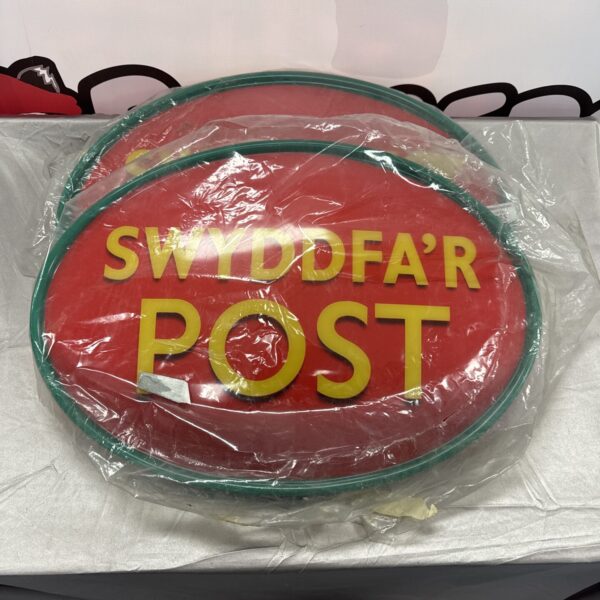 Vintage Welsh Post Office sign, circular enamel shop sign.