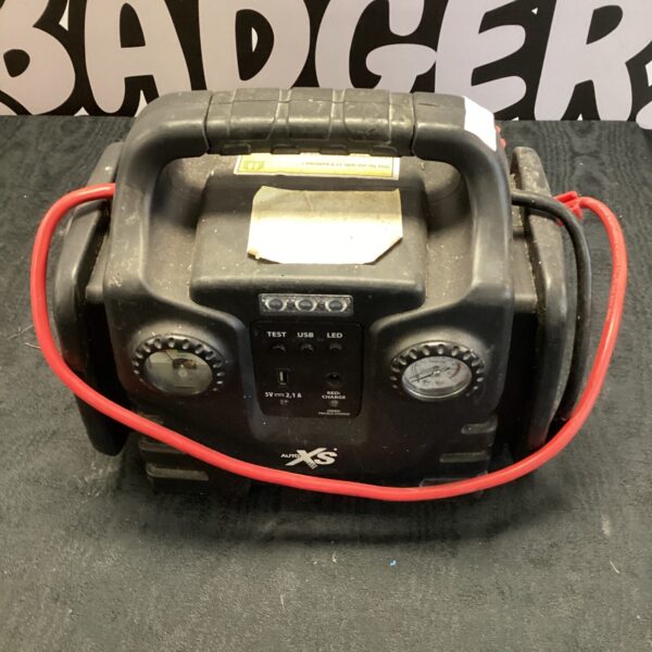 Vintage Auto XS jump starter pack with red cables.