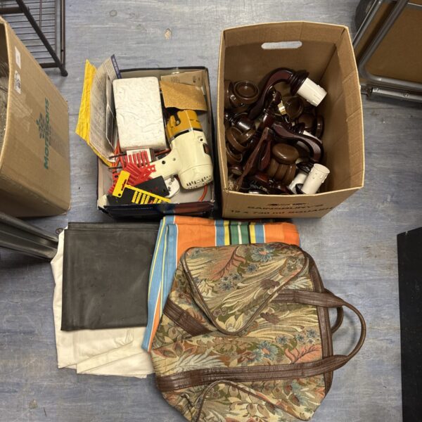 House clearance lot with vintage tools and a Black & Decker drill.