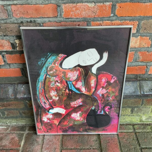 Signed mixed media painting of a woman and cat.