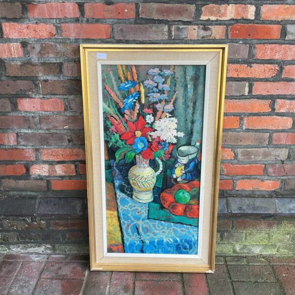 Vibrant floral still life oil painting by Priddey with a toby jug.