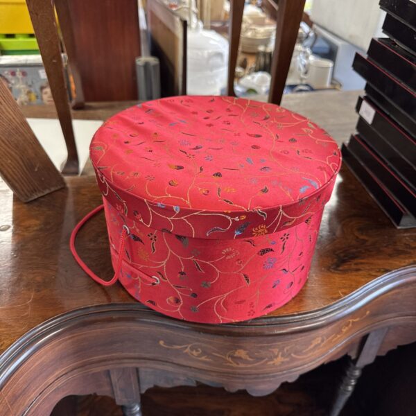 Vibrant Japanese silk hat box with intricate pattern.