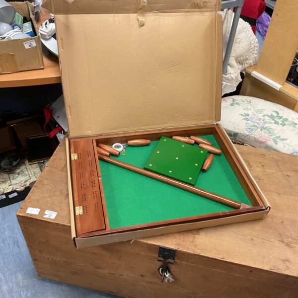 Vintage Jaques croquet set with mallets and hoops in wooden box.