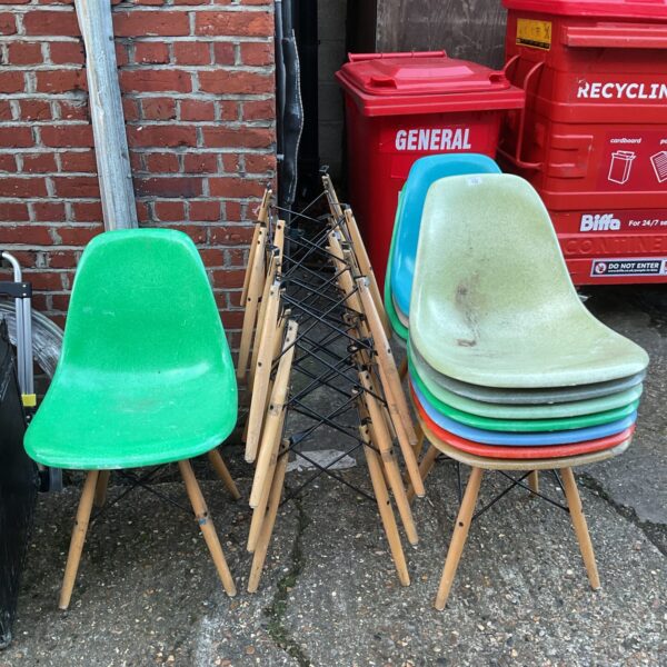 Lot of 12 multicoloured modernica los angeles designed chairs for restoration