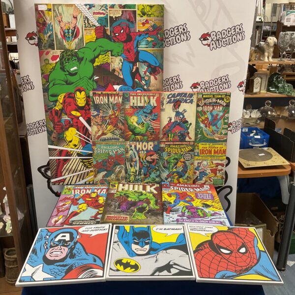 Lot of eight colourful superhero canvas prints for wall decor.