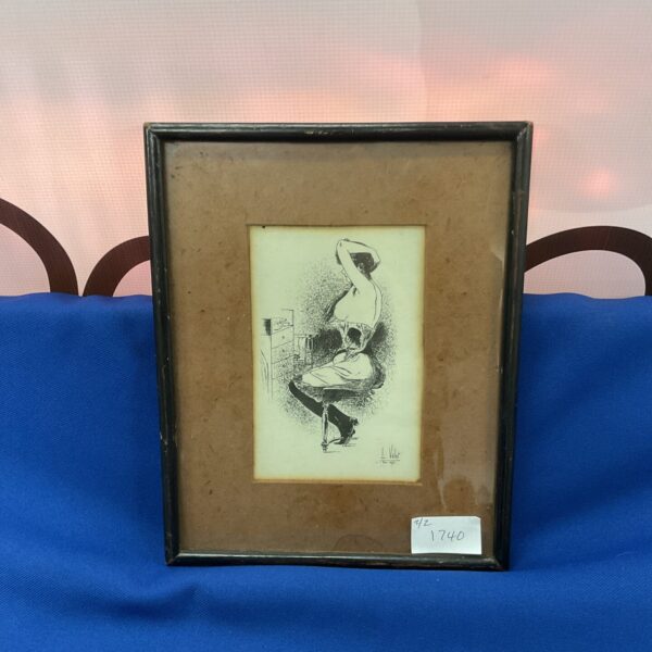 Vintage Louis Vallet etching of a stylish lady in a framed print.
