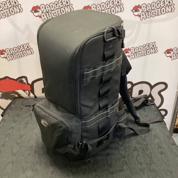Front view of a black Lowepro professional camera backpack.