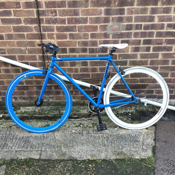 Blue Mango racing bike, a vintage single-speed bicycle.