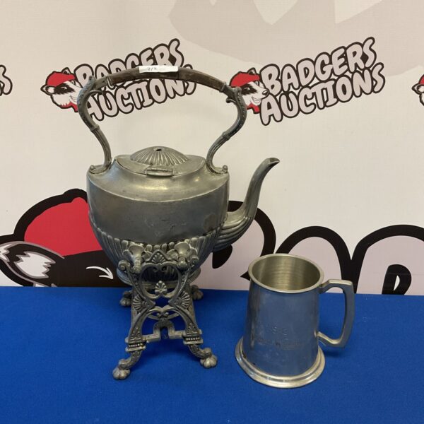 Antique pewter spirit kettle and Wentworth JP Morgan tankard set.