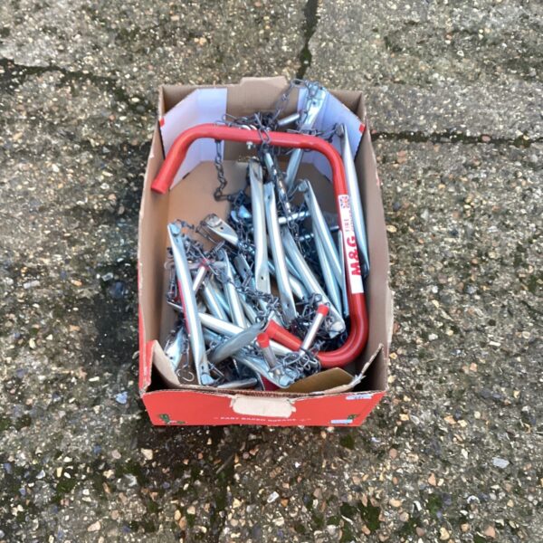 M&G fire escape ladder in original box, vintage safety equipment.