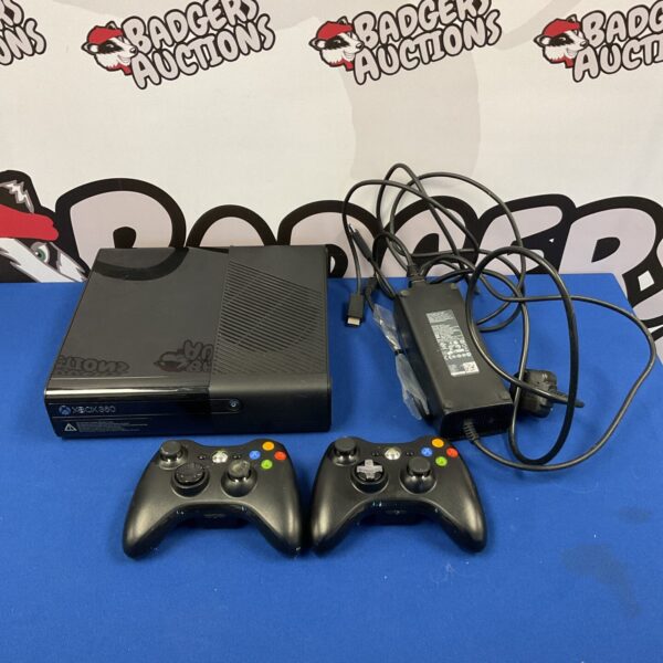 Xbox 360 Slim console bundle with controllers for gaming.
