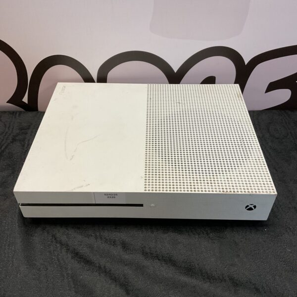 Front view of a Microsoft Xbox One S gaming console.