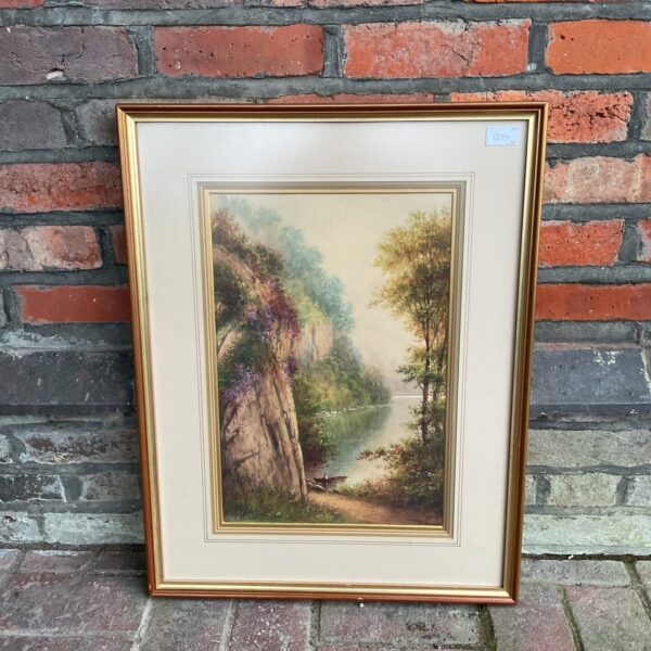 Antique watercolour painting of a river landscape by Milton Drinkwater.