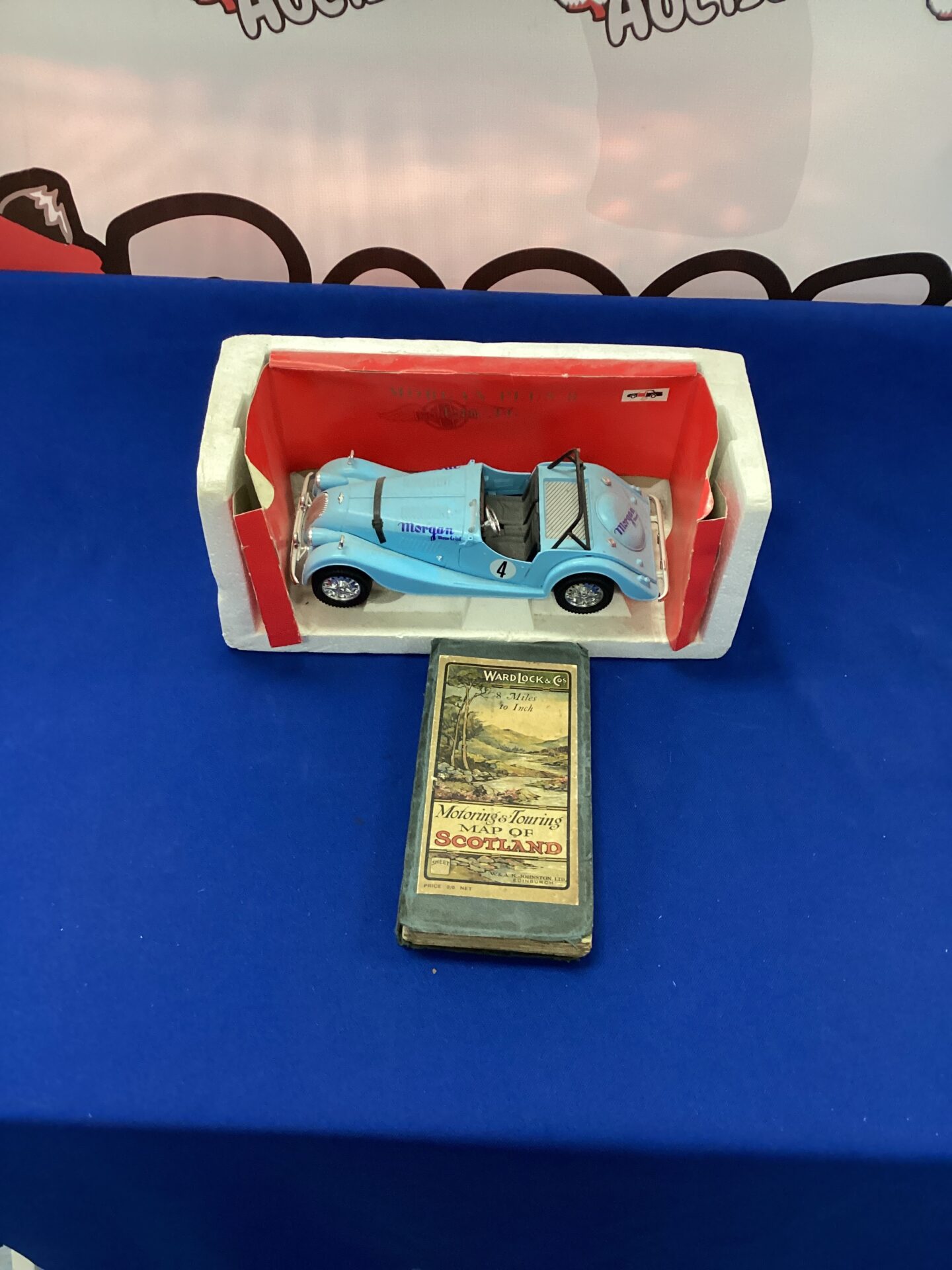 358 Model Morgan Sports Car with wardlock road maps of Scotland