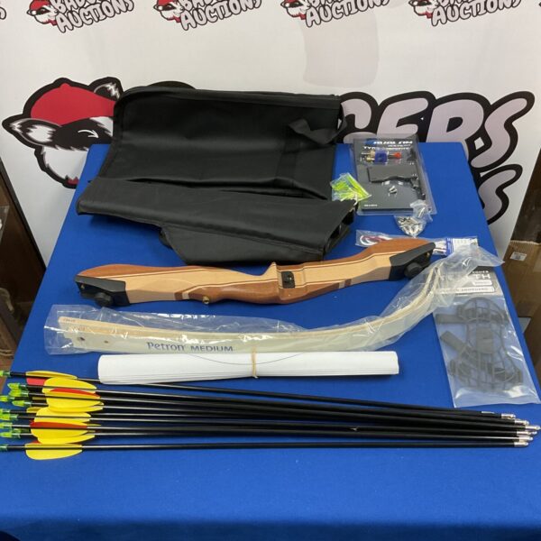 Left handed Petron bow kit with arrows and accessories.