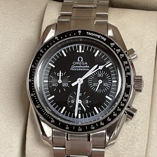 Front view of Omega Speedmaster Professional stainless steel chronograph watch.
