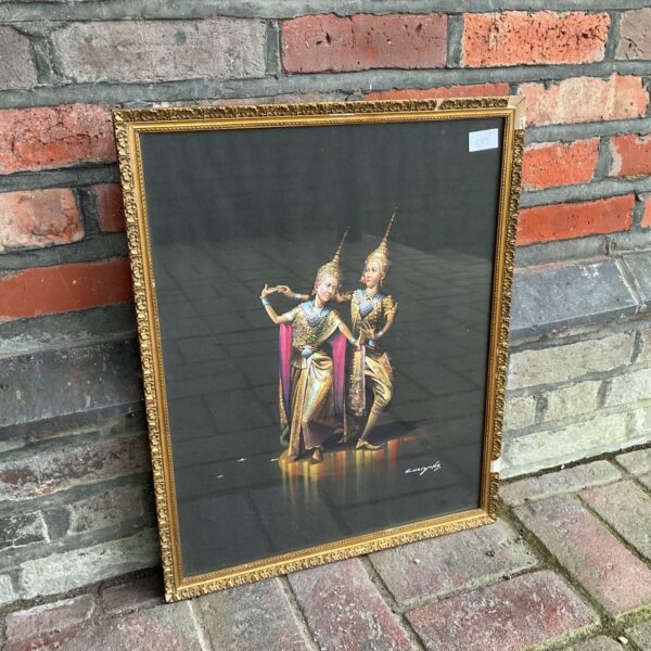 Vintage oil painting of Indonesian dancers signed Chaiyong, vibrant colours.