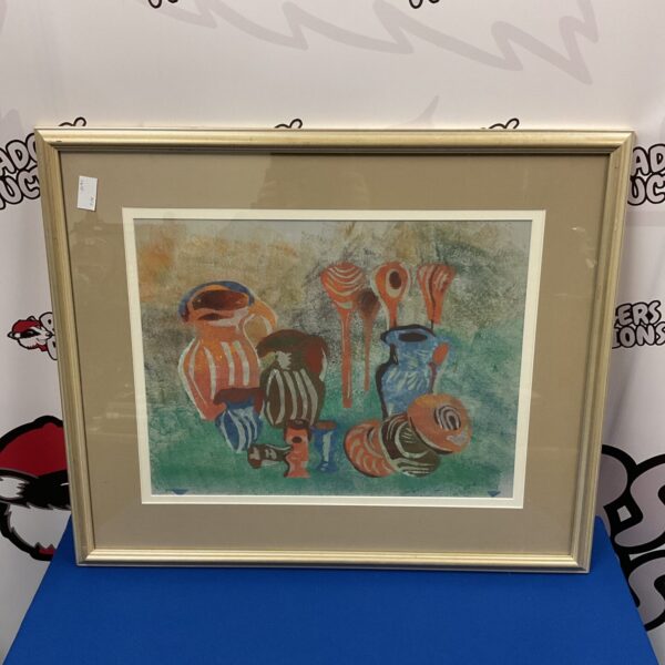 Vintage still life painting of colourful jugs signed by artist.