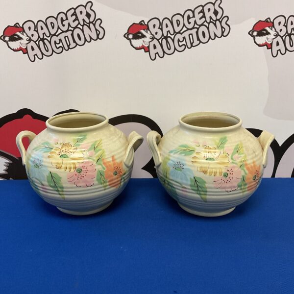 Vintage Burford Pottery vases with hand-painted floral design.