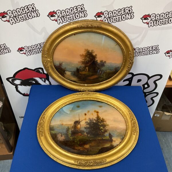 Antique Victorian oil painting of a windmill with gilt frame.