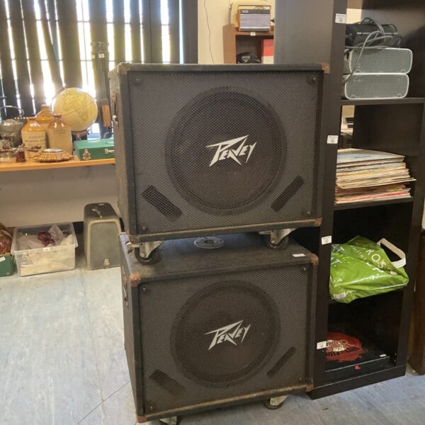 Pair of used Peavey bass speakers for music and audio.